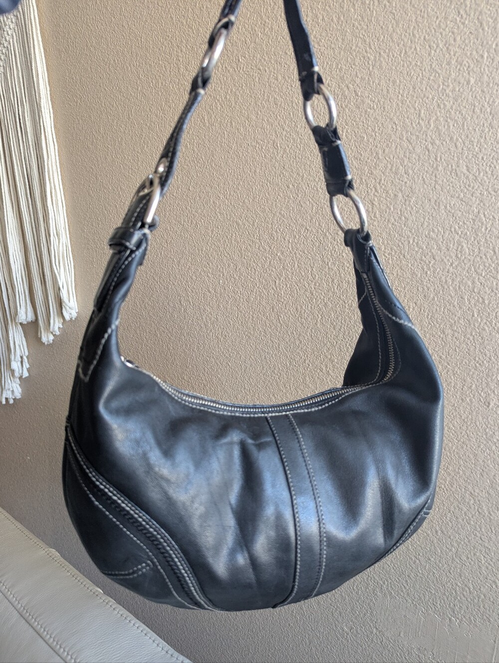 Coach Black Leather Hobo with Contrast Stitching